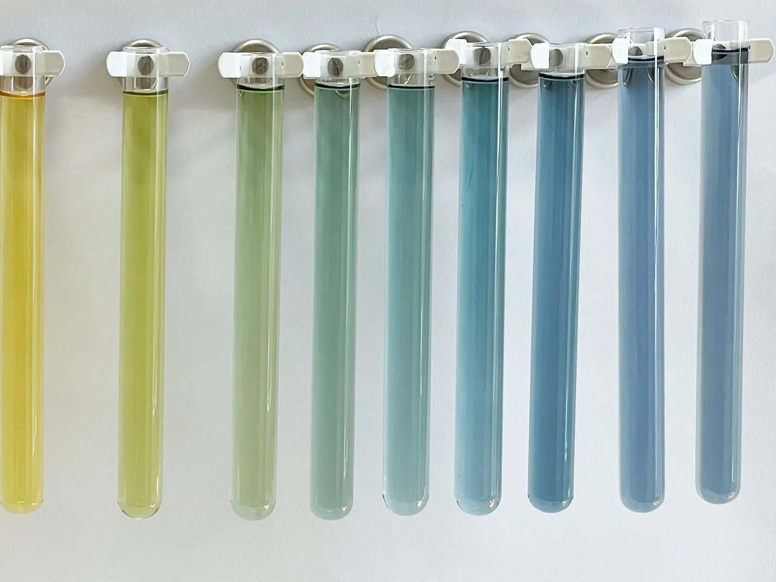 A row of test tubes holding universal indicator, shading from yellow through green to blue as pH rises.